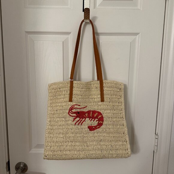 NWT Universal Thread Straw Straw Packable Tote Bag with Red Shrimp Embroidery - Picture 4 of 8